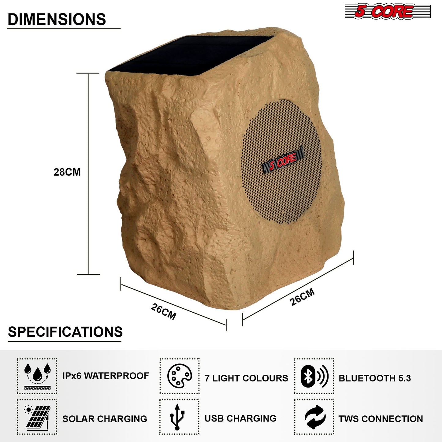 5Core Outdoor Wireless Speakers Bluetooth Rock Waterproof Linkable TWS Garden Speaker BROWN 1 PC